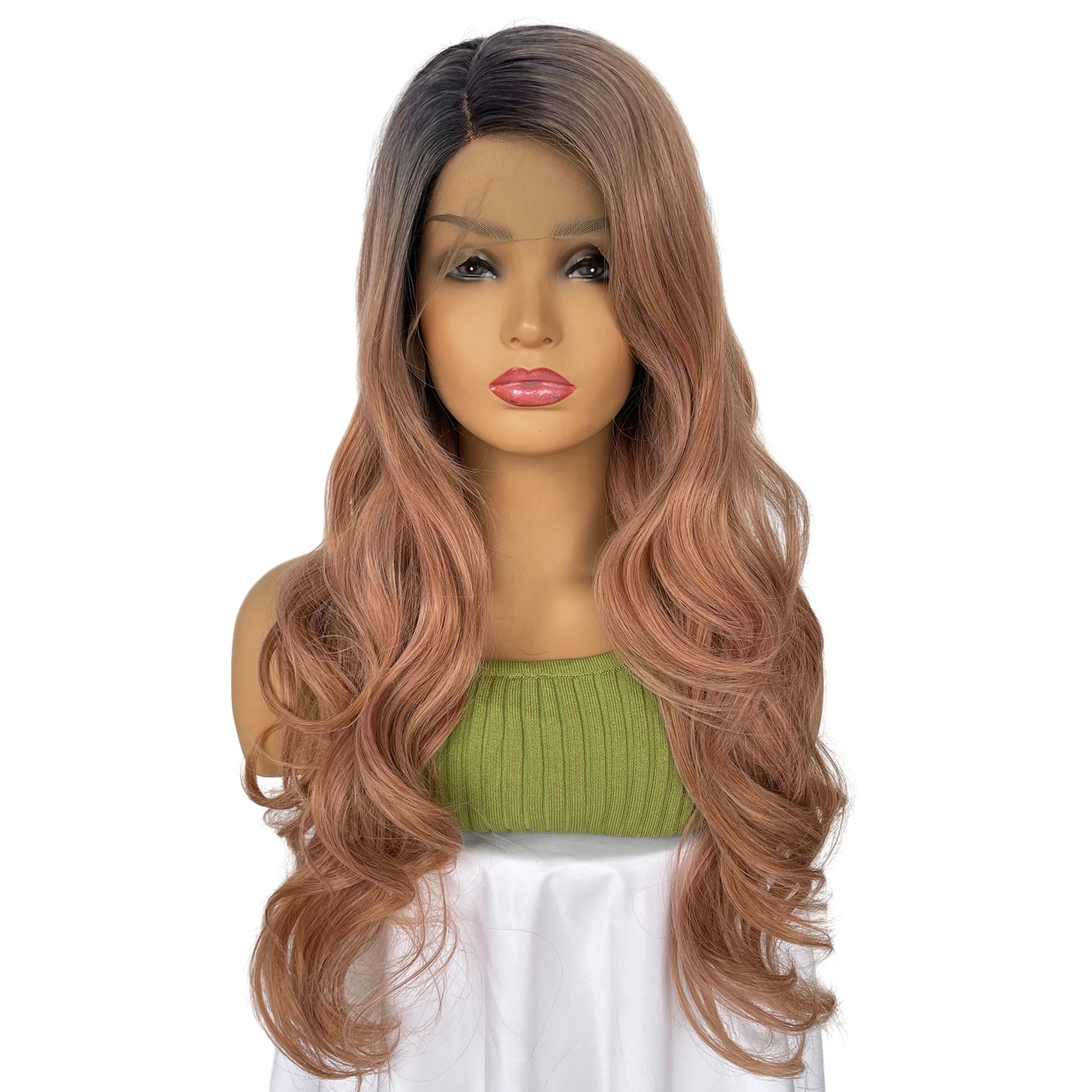 

BCHR Lace Front Wig Long Wavy Rose Gold Wigs for Women Side Part Cosplay Synthetic Wigs