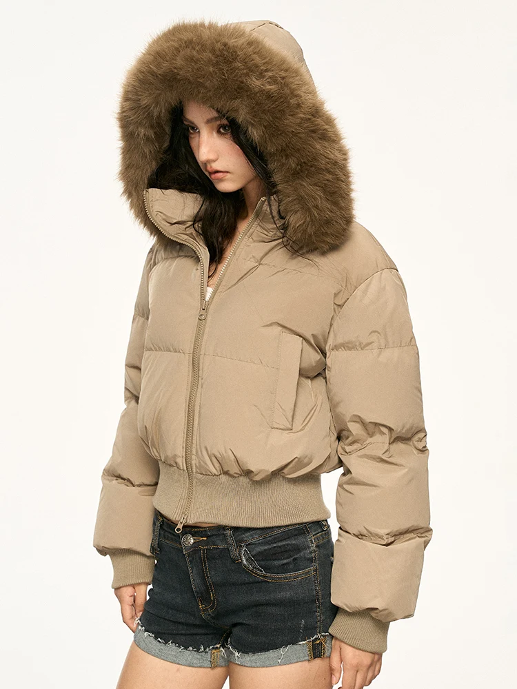 

Aaisup American Retro 90 White Du down Hooded Coat Women's Winter ort Thiened Waist-cinching Jaet High Waist Zipper