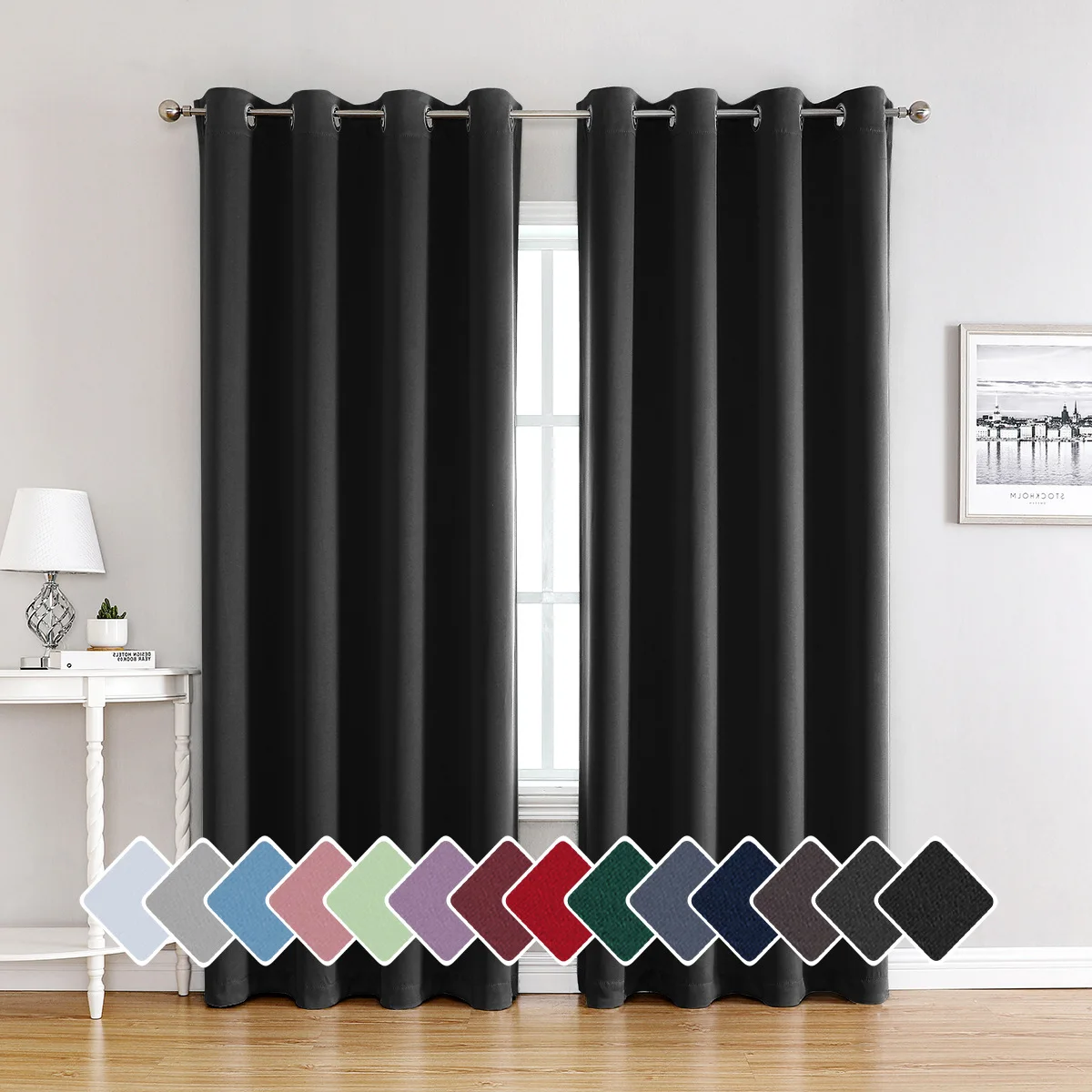 2 Pcs/set Premium Solid Color Blackout Curtains - High Density Fabric Total Sun Blocking, Grommet Top, Multiple Colors Available