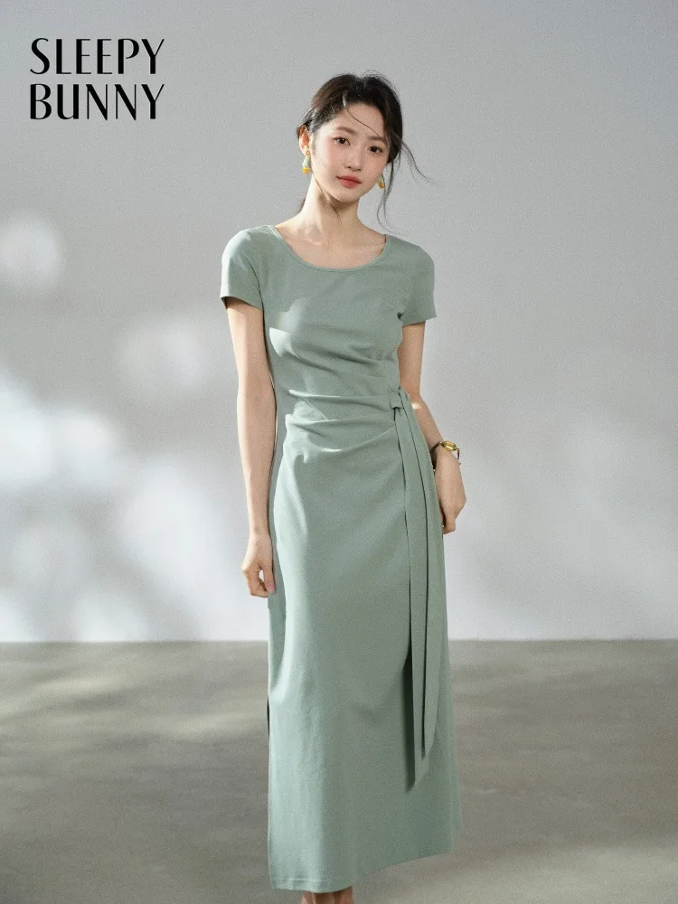 

Women Slim Maxi Dress Short Sleeve A Line Dress High Waist Tie Side Split Elegant Summer Commuter Outfit French Style Lady Wear