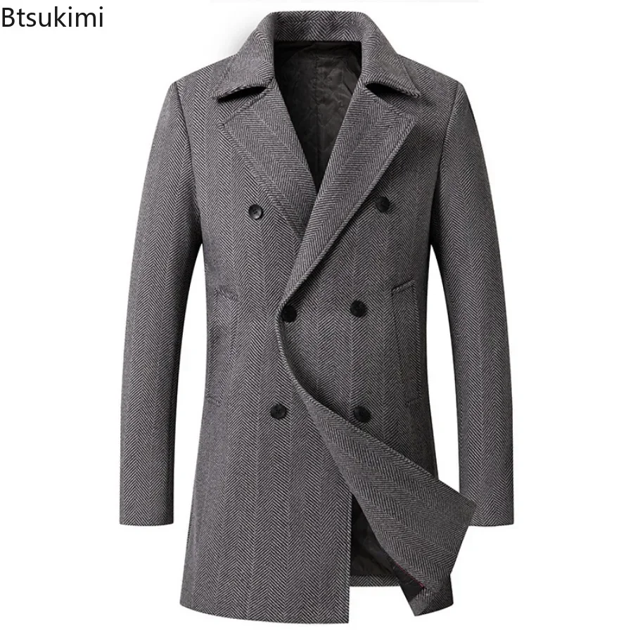 New 2025 Men's Double Breasted Wool Coat Simple Mid-length Trench Men Business Casual Woolen Jacket Male Warm Windbreak Overcoat