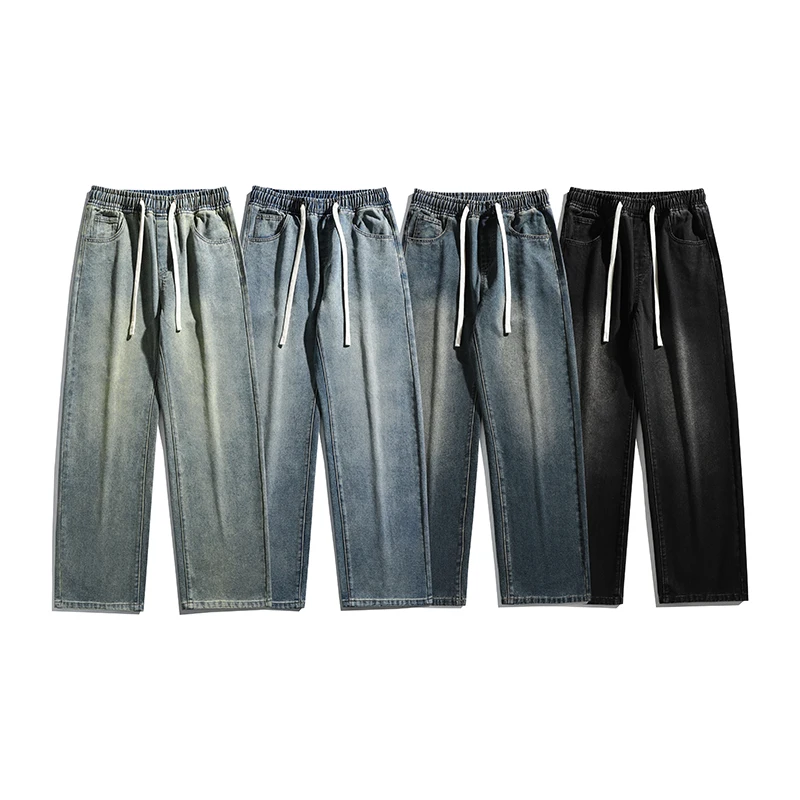 Y2K American High Street Hong Kong Style Straight Jeans Men Women Elastic Drawstring Waist Vintage Distressed Baggy Casual Denim