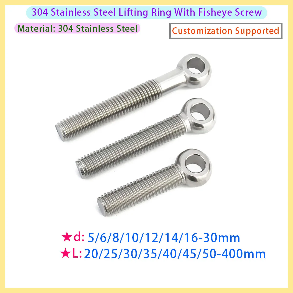 304 Stainless Steel Metric Threaded Eyebolt M5 M6 M8 M10 M12 Double Headed Bolt Fisheye Joint Fastene