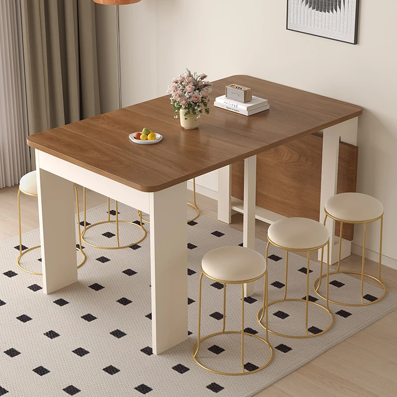 Solid wood stacked dining table living room household walnut variable eating  small apartment rectangular retractable