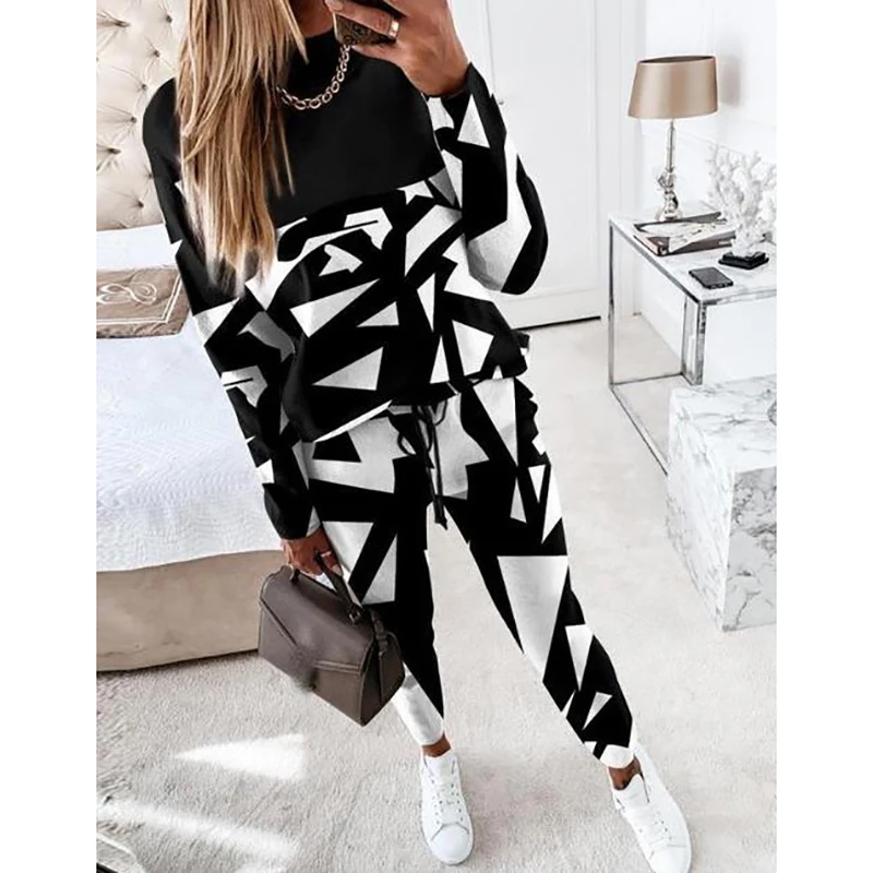 2023 Women\'s Sets Casual Geometric Print Long Sleeve Two Piece Suit Sets Fashion Elegant Office Lace-up Pencil Pant Sets Female