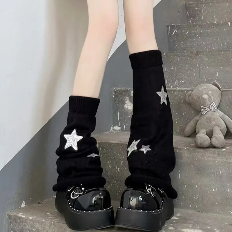 Y2K Gothic Punk Black Shiny Star Long Leg Socks Harajuku Campus Japanese Spicy Girl Cute Sweet Female Long Knitted Pile Socks