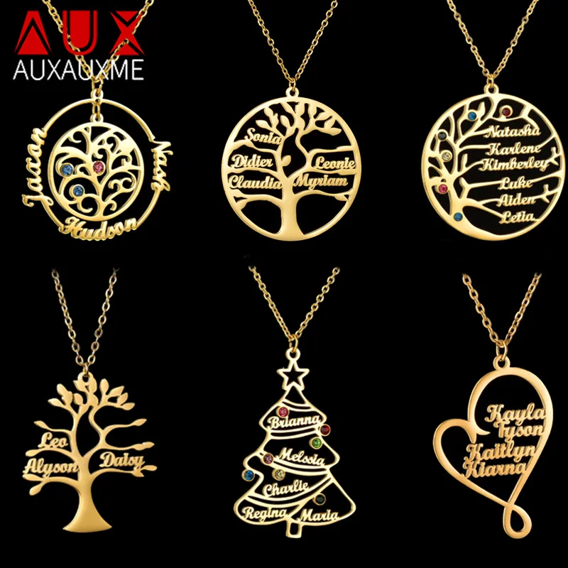 Naszyjniki z imieniem rodziny Auxauxme, stal nierdzewna, personalizowane, z wieloma imionami, kolorowe kamienie, drzewko z imieniem, choker, biżuteria na prezent