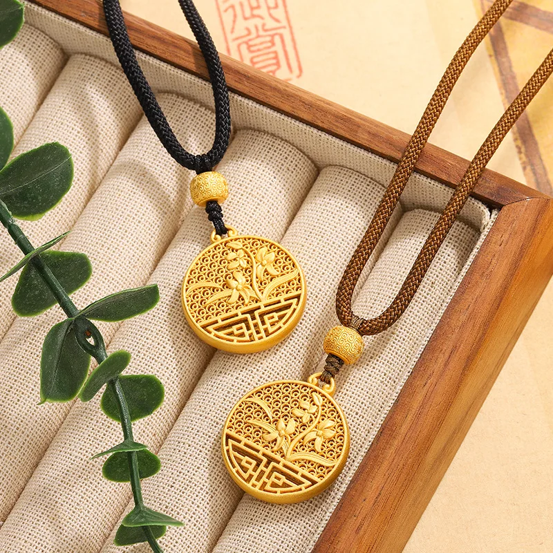 999 Silver Eight-Treasure Hollow Flower Window Pendant Auspicious Black Rope Woven Necklace Men And Women