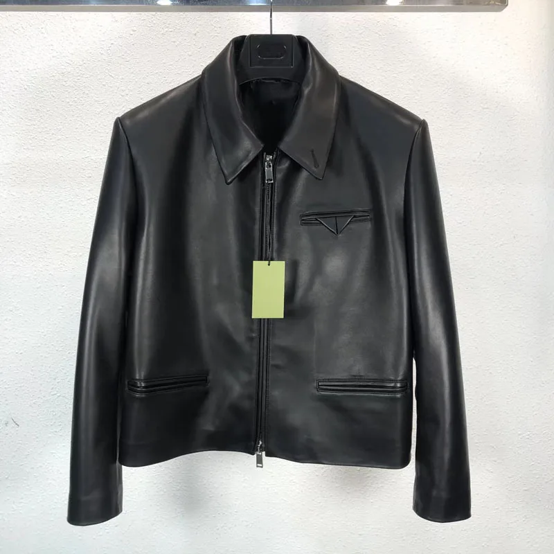 Men Coat Spring And Autumn Short Length 2023 New Arrival Genuine Leather Jacket Turn-Down Collar Triangulation