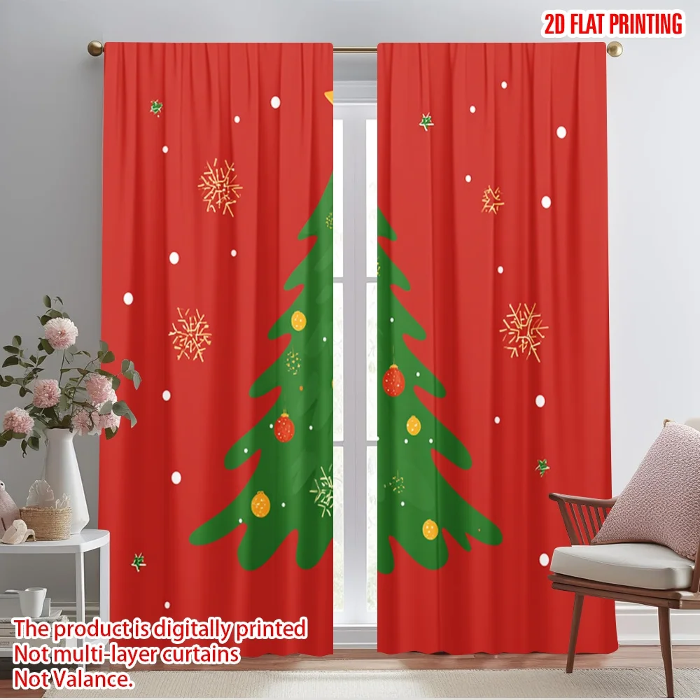 2pcs,2D plane printing Curtain Popular christmas trees Polyester Easy Install (without rod) Holiday Ldeal for Living Room,