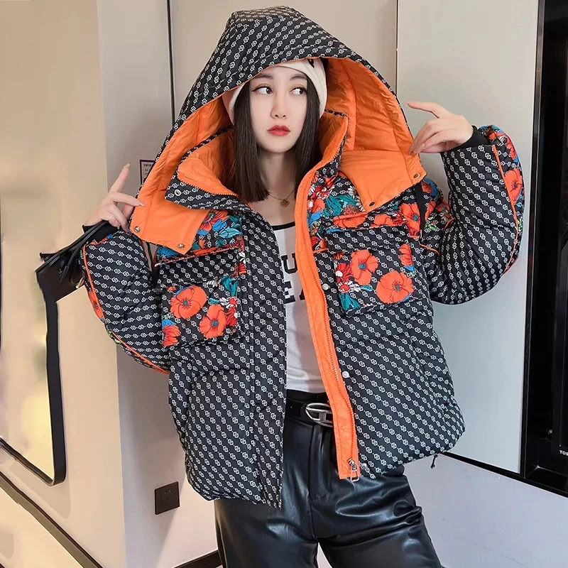 Y2Y Korean Down Cotton Jacket Womens 2023 New Short All-match Padded Coat Print Hooded Thick Warm Winter Jacket Female Outerwear