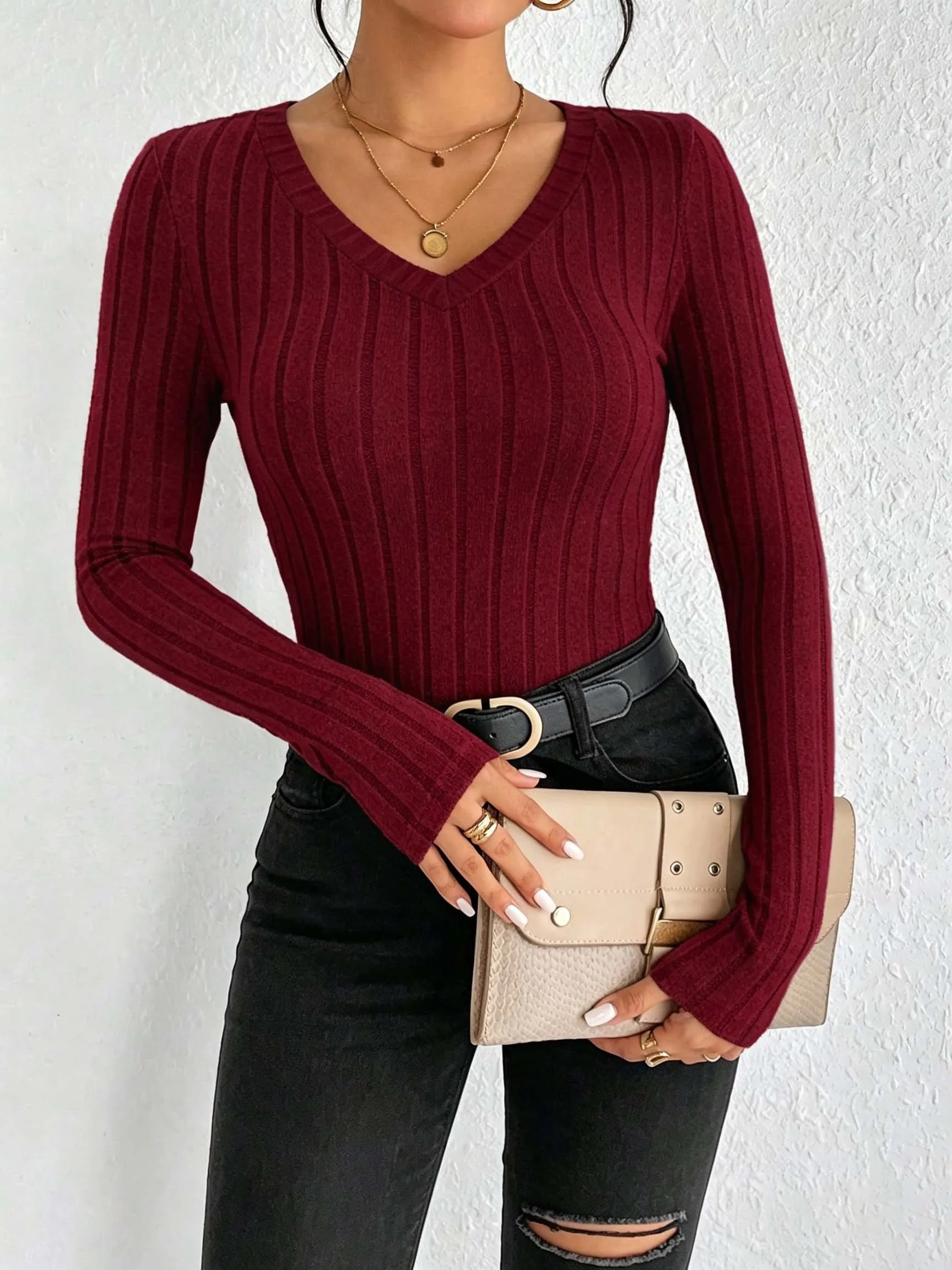 Women Solid V‑Neck Ribbed Knit Top, Slim Fit Stretchy Long Sleeve Basic Casual Tee Shirts view 2