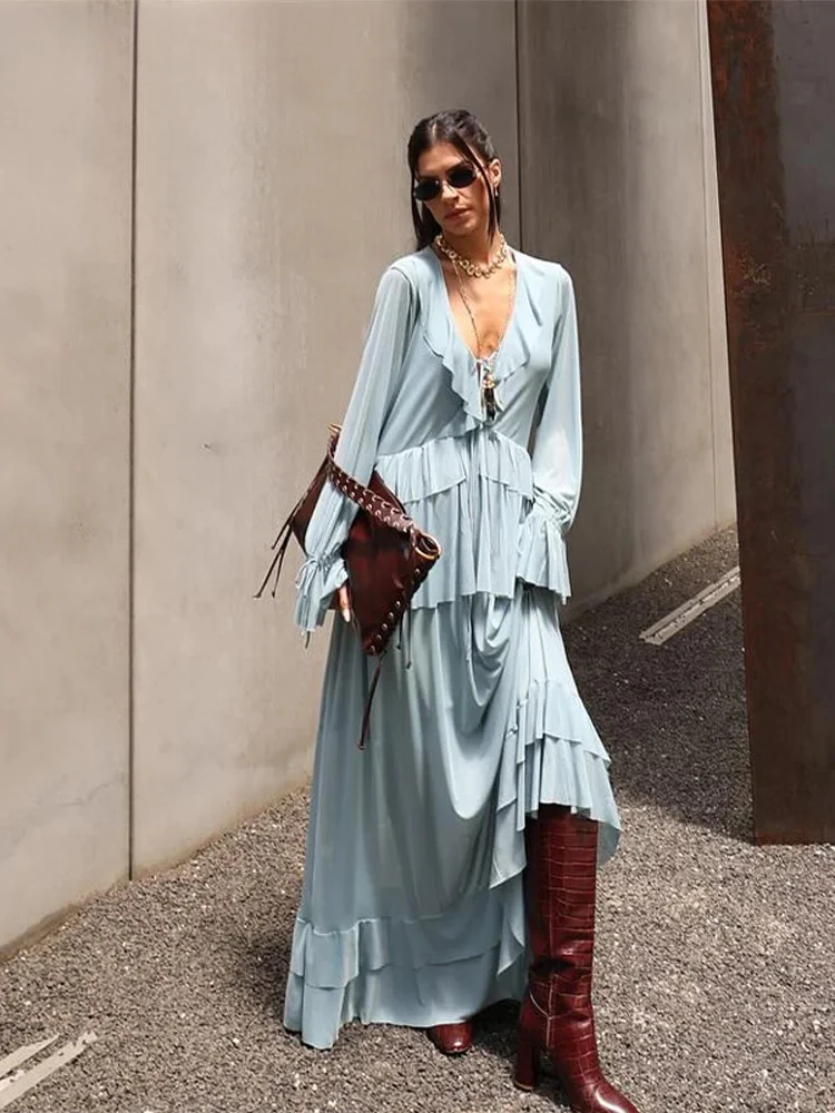 

luxury Women's Ruffle Shirts Skirts Set Long Sleeve V-Neck Loose Lady Set new Spring Summer Elegant Female Beach Vacation