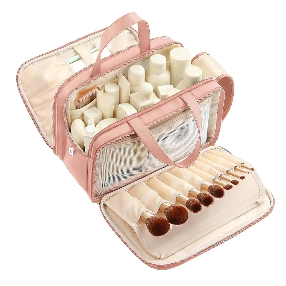 

Free ShippingLarge Travel Makeup Bag for Women with Luggage Sleeve and Reinforced Dual Handles, Featuring 10 Independent Elasti