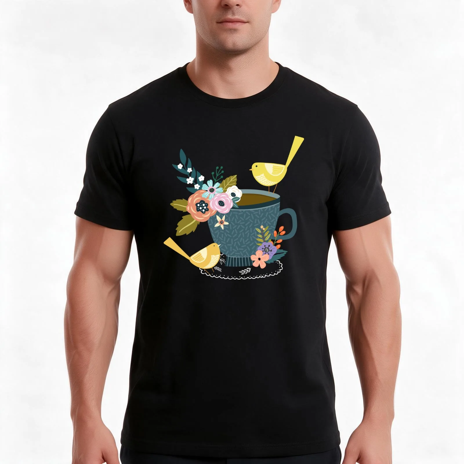 Twin Finches Tweeting At Tea Time T-Shirt Summer Casual Cotton Tee Oversized Streetwear Tops Vintage Graphic Print