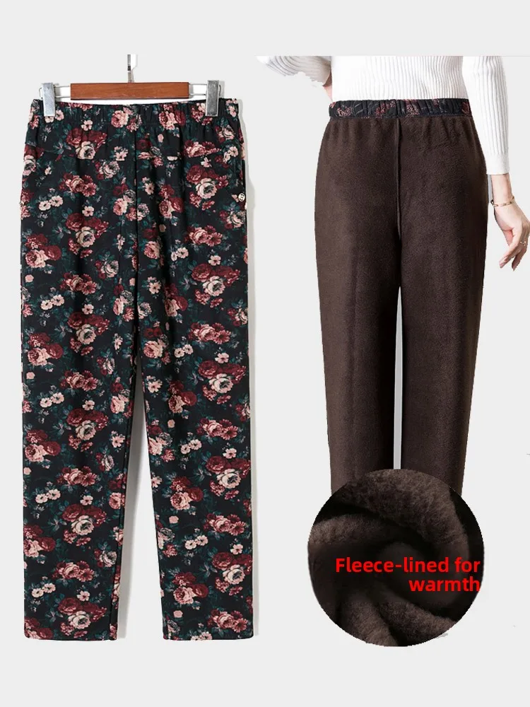plus Size Women\'s Fleece Lined Elastic Waist Straight Leg Pants Autumn Winter Warm Trousers for Middle Aged And Elderly Ladies