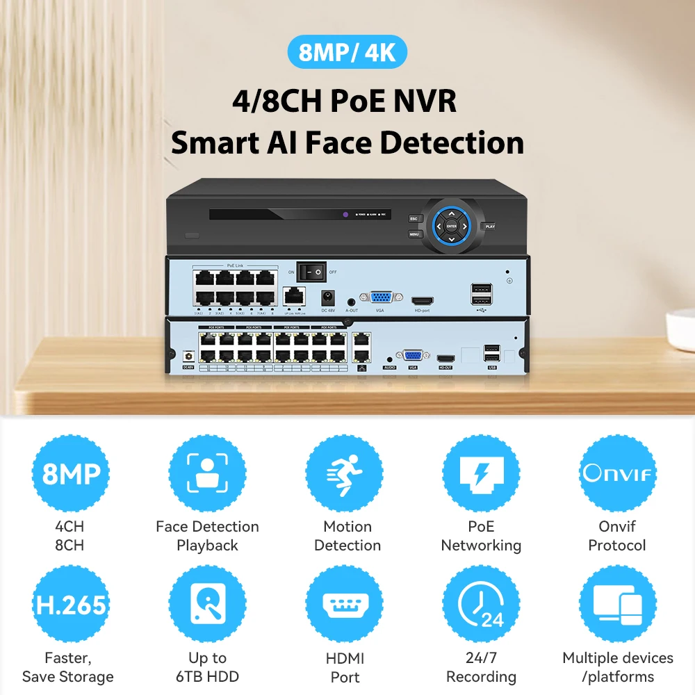 4K 8MP Ultra HD POE NVR Video Recorder Onvif H.265 48V Face Detection IP Camera CCTV System P2P Network Security Surveillance
