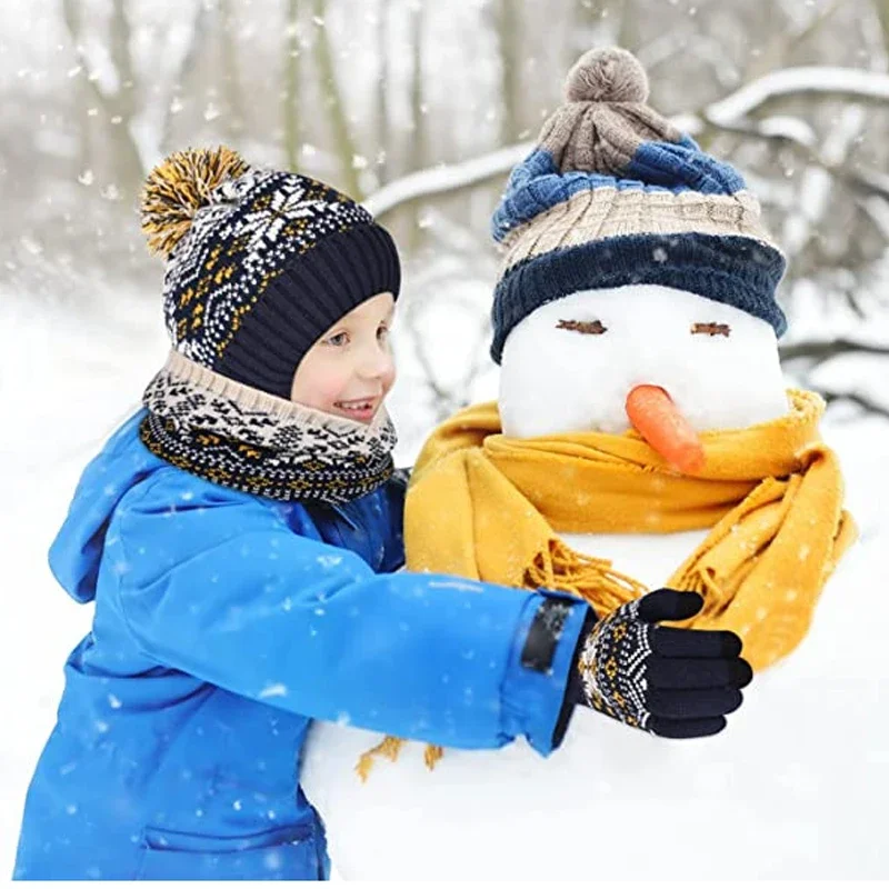 Conjunto de 3 piezas para niños y niñas, gorros, bufandas, guantes de punto, rayas clásicas a cuadros, copo de nieve, forro polar grueso, Invierno