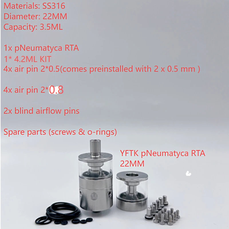YFTK pNeumatyca RTA Tank Atomizer 4.2 3.5 22 SS316 atomizer tank for coils & atomizers - gallery image 2