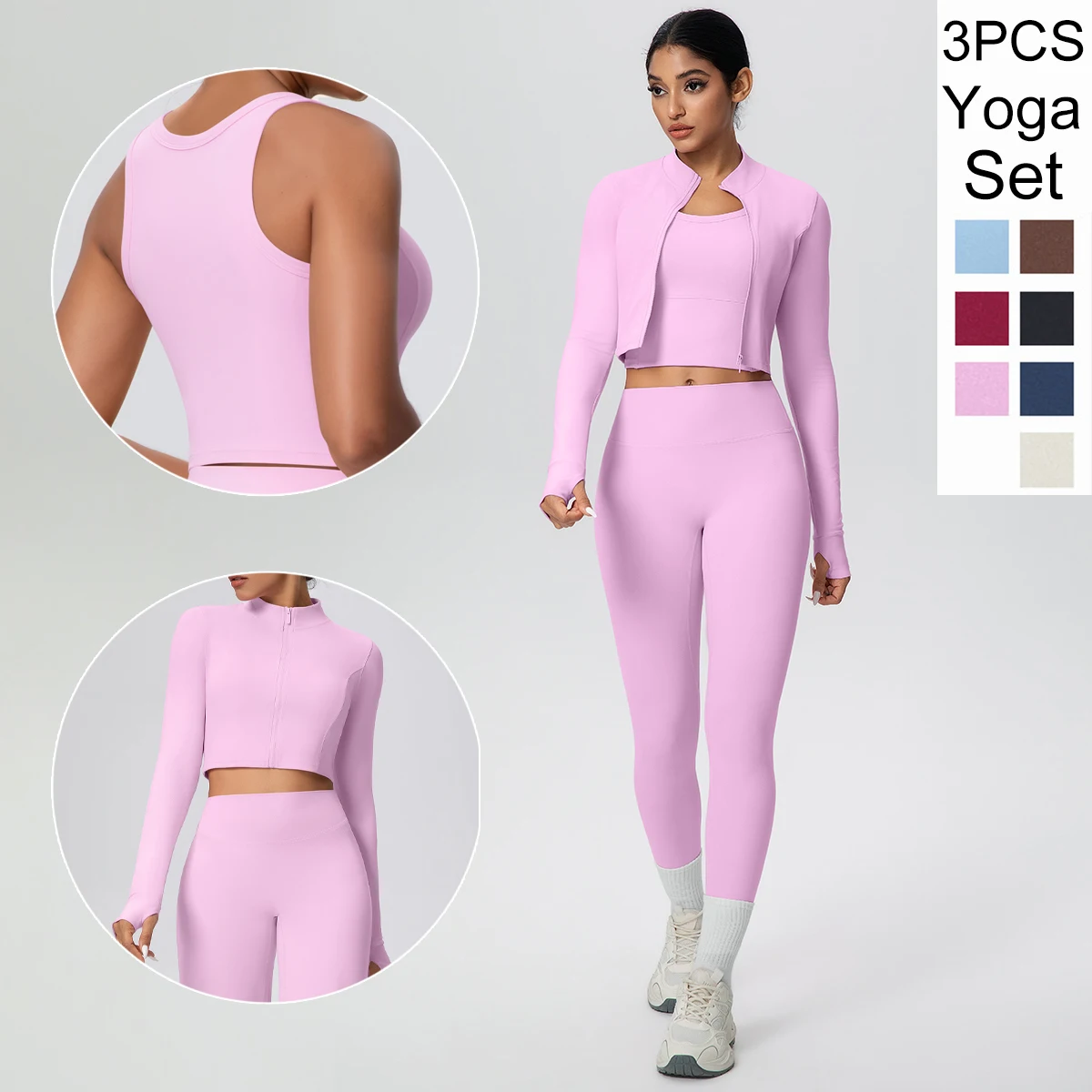 3Pieces Skin-friendly Solid Color Yoga Three Piece Set Zipper Long Sleeves Yoga Workout Top High Stretch Women Leggings Yoga Set
