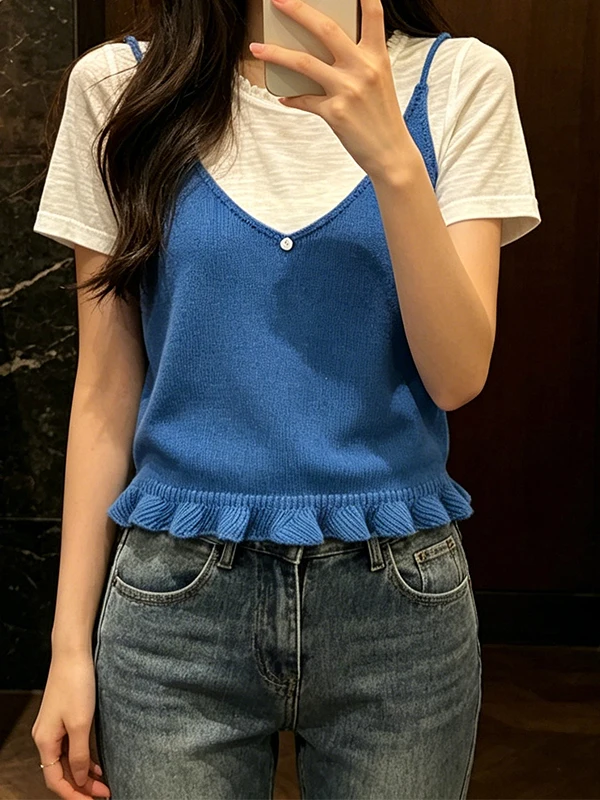 

plus Size Summer New Gentle Knitted Short Sleeve T-Shirt Two-Piece Set Women's Fashion Slimming Ensemble Wooden Detail
