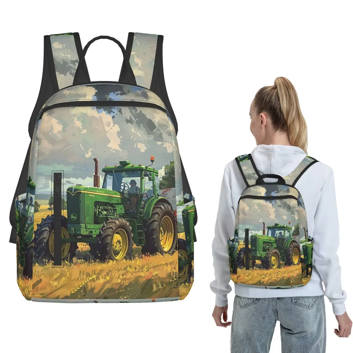 

Green Tractor On A Forest Trail Backpack Large Capacity Children BookBag School Bag Shoulder Bags for Men Women