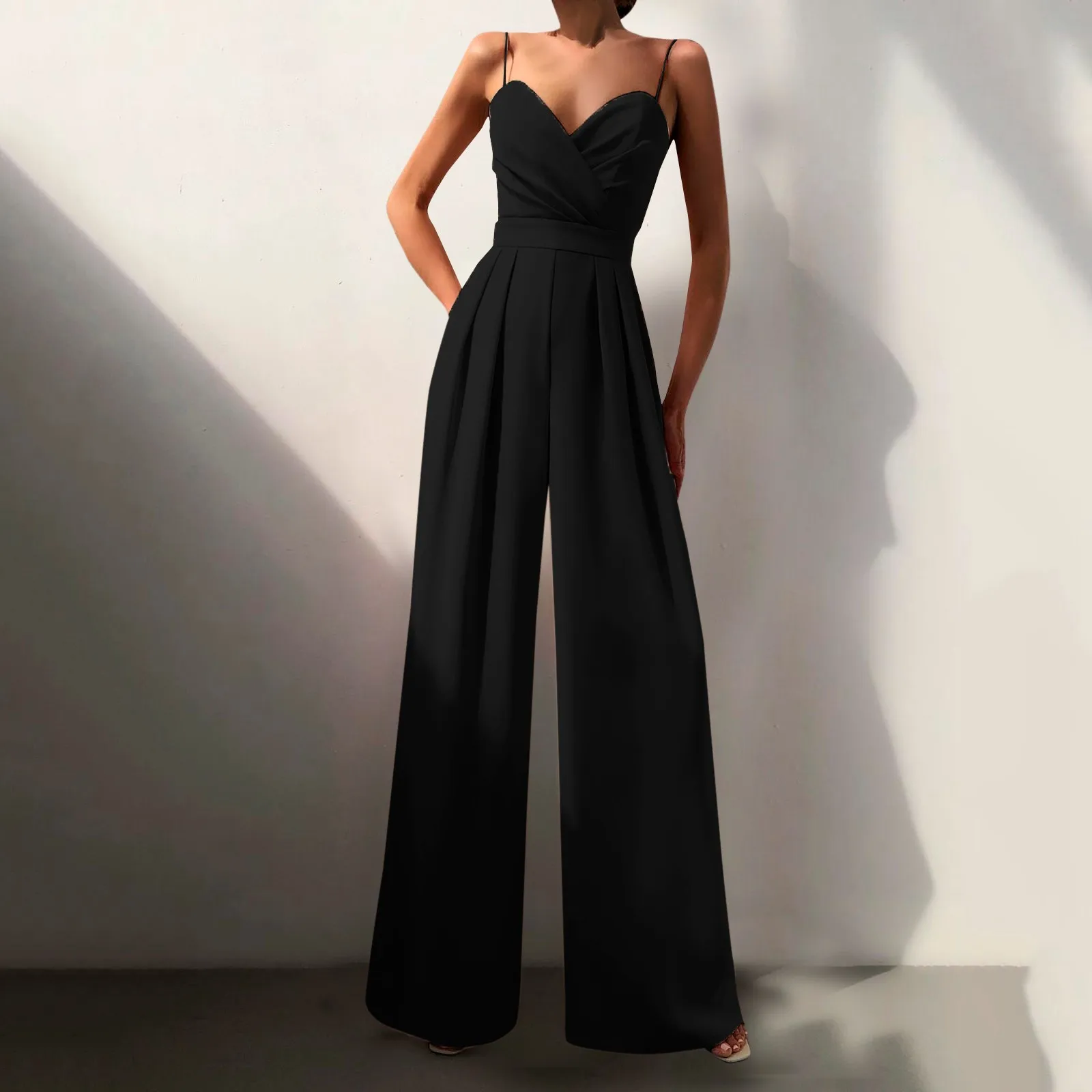 

Summer Elegant Women Jumpsuit V Neck Fashion Sleeveless Backless Overalls Trousers New Jumpsuit Loose Wide Leg Trousers Rompers