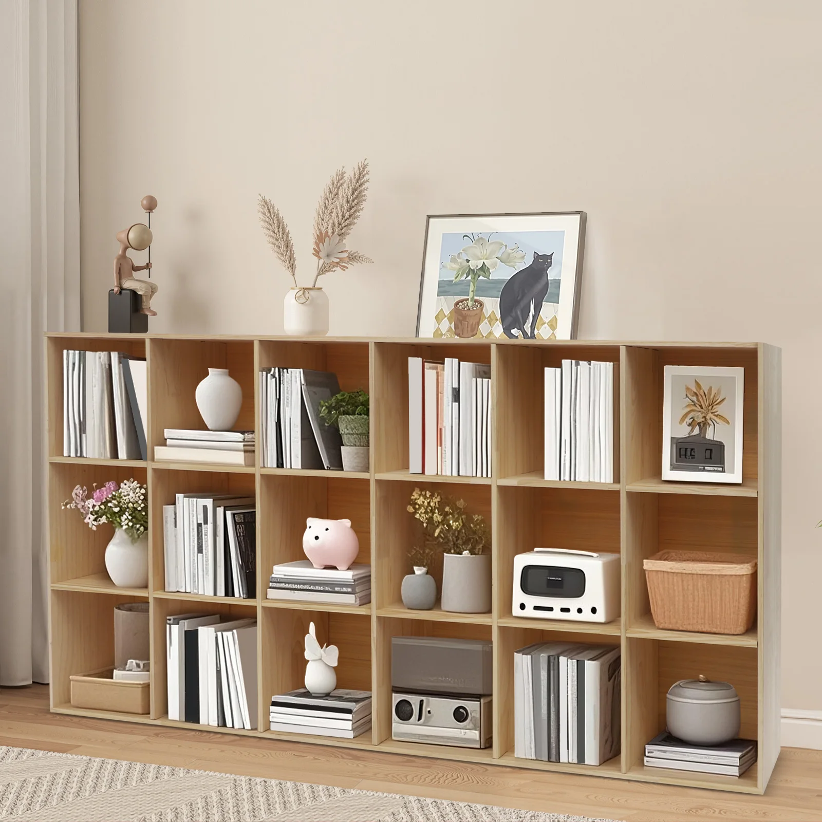 خزانة كتب ذات رف تخزين ملون مكونة من 3 طبقات، خزانة عرض مثبتة على الأرض مع 18 حجرة للمنزل وغرفة المعيشة والمكتب والدراسة