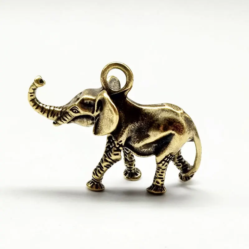 Vintage Solid Brass Elephant Keychain Pendant Handheld Ornament Backpack Bag Charm Desktop Mini Figurine Retro Copper Craft