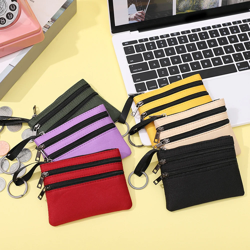 

Soft Canvas Coin Purses Small Three Zippers Coin Wallet Lady Girls Earphone Coin Storage Bag Keychain Zipper Card Holder Wallet