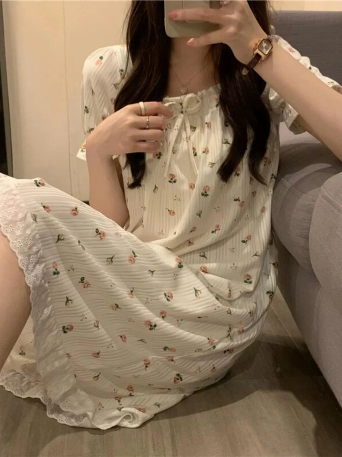 

Summer Floral Print ort Sve Sp Dr Women's Princ Sle Home Clothes Nightgown Sweet Sle Casual Home Scene