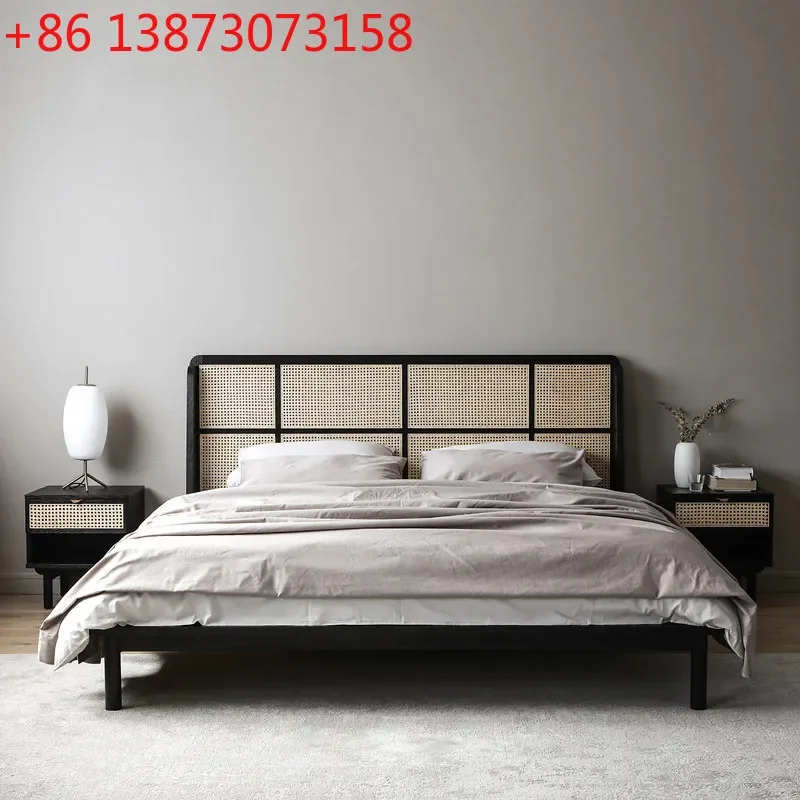 Rattan craftsman Nordic solid wood rattan bed wabi-sabi master bedroom simple ash wood bed