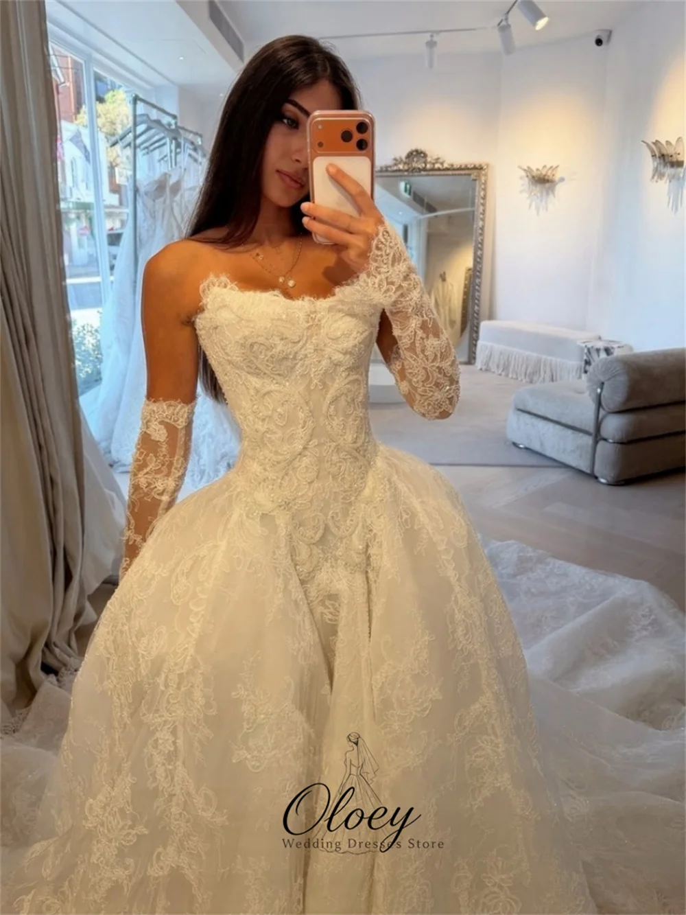 OLOEY Elegant Sweetheart Collar Lace Sequin Wedding Dresses For Woman A-Line Detachable Long Sleeve Bridal Gown Customized