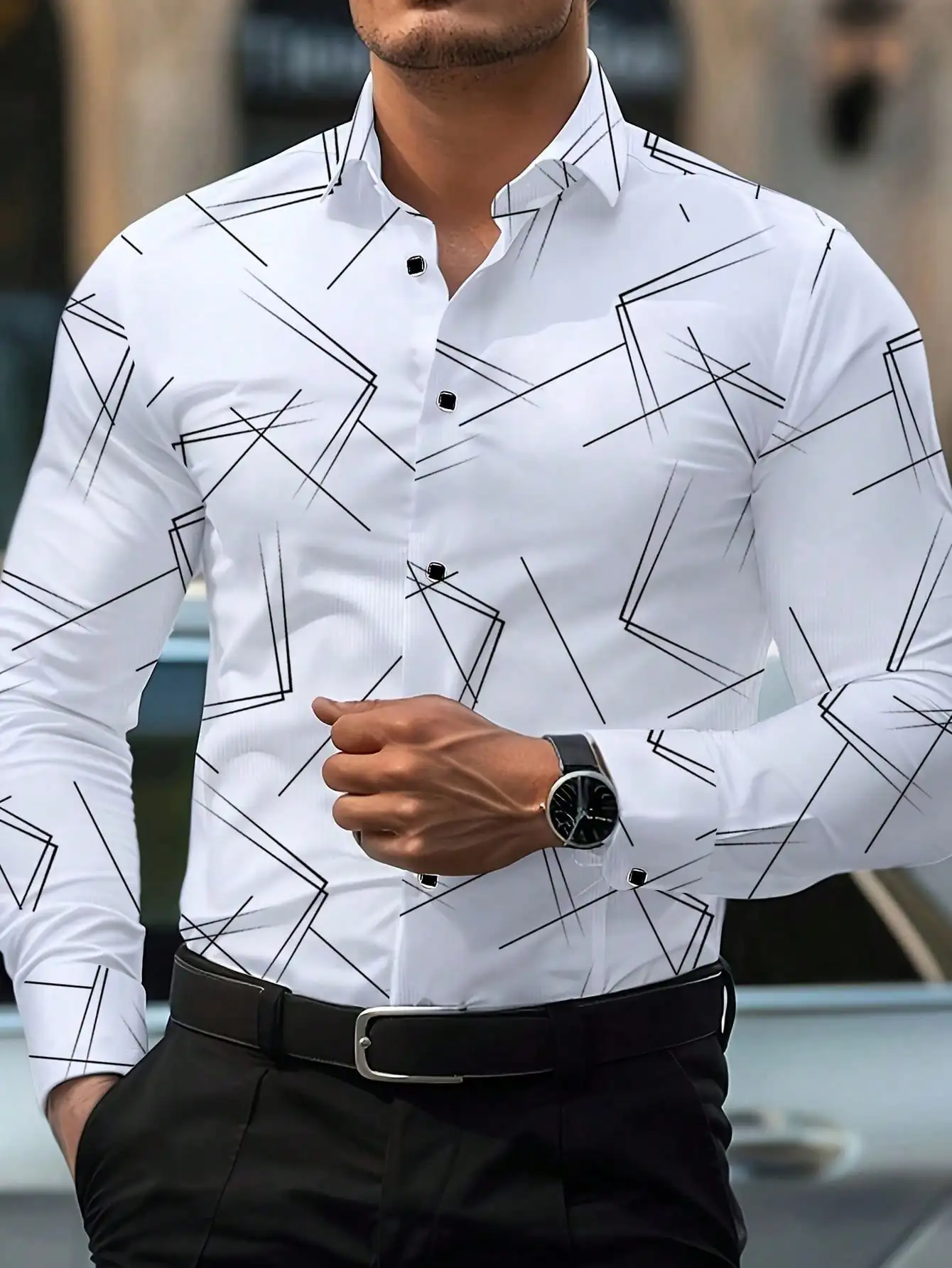 

Men's Geometric Line Print Long Sleeve Formal Shirt for Fall