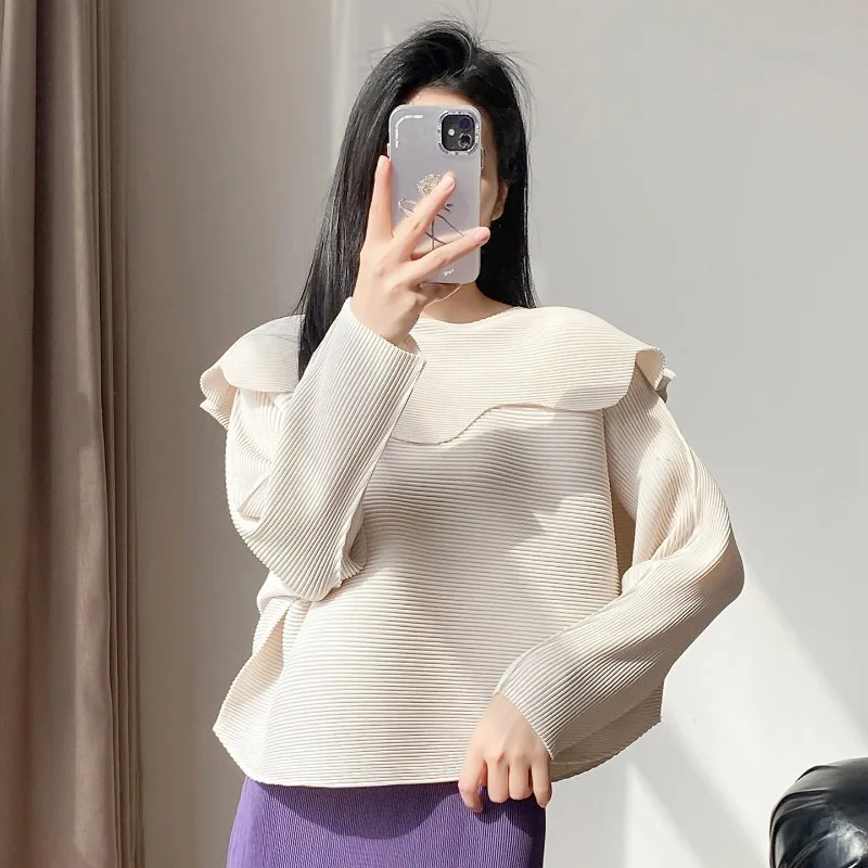 Pleated T-Shirt 2026 New Long Sleeve Floral Collar Casual Simple Plus Size Solid Color Top Women's Fashion Fold Clothing