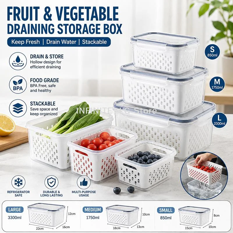 1/3Pcs Double Layer Food Storage Containers Draining Stackable Fruit Storage Containers Leakproof Sealed Kitchen Crispe