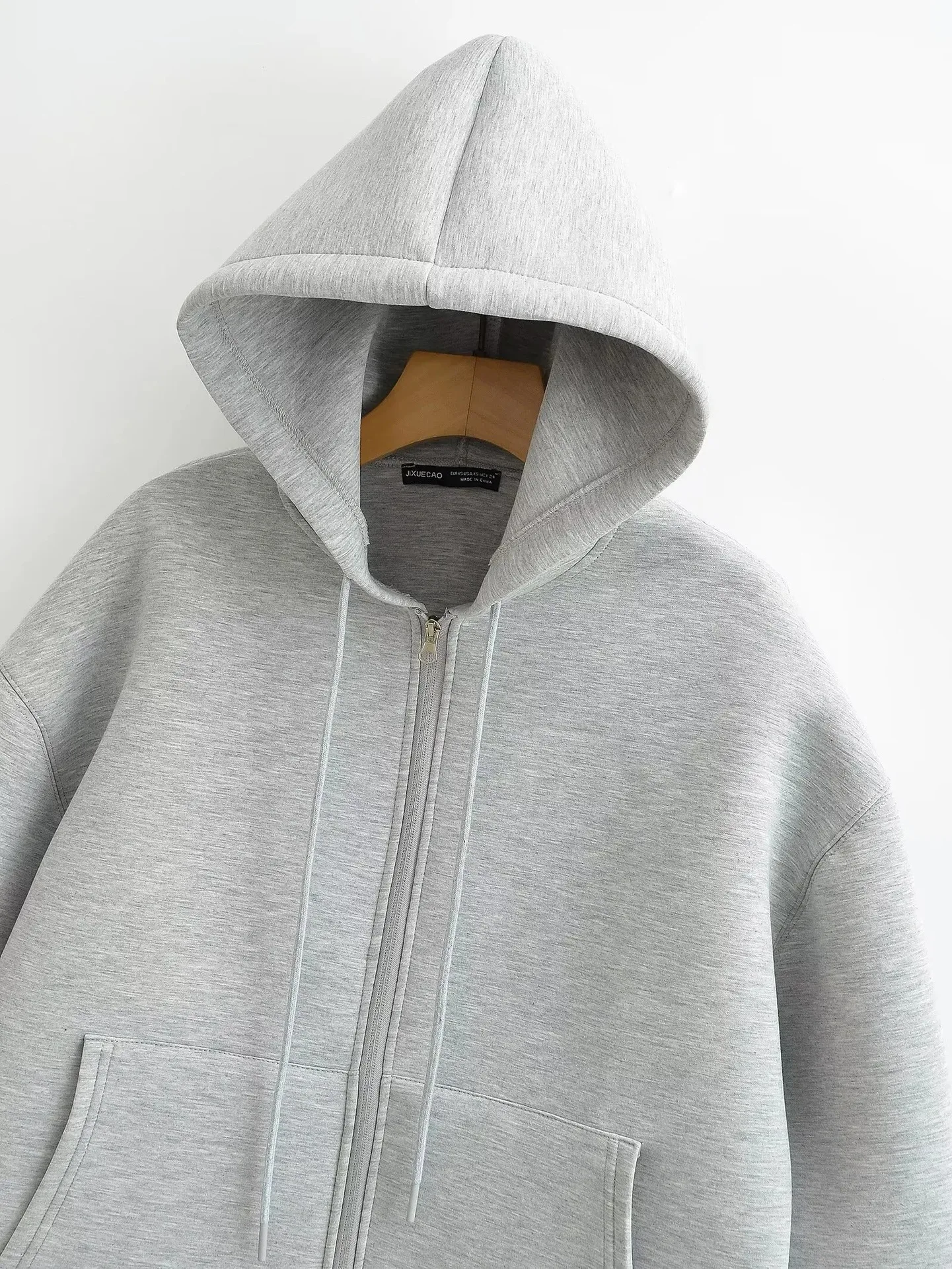 Herbstliche Damen-Freizeitjacke mit Kapuze, lockerer Oversize-Schnitt, Reißverschluss-Hoodie, Sweatshirt, einfarbiger Mantel, schicke Oberbekleidung für Bürodamen, Oberteile – Detail 4