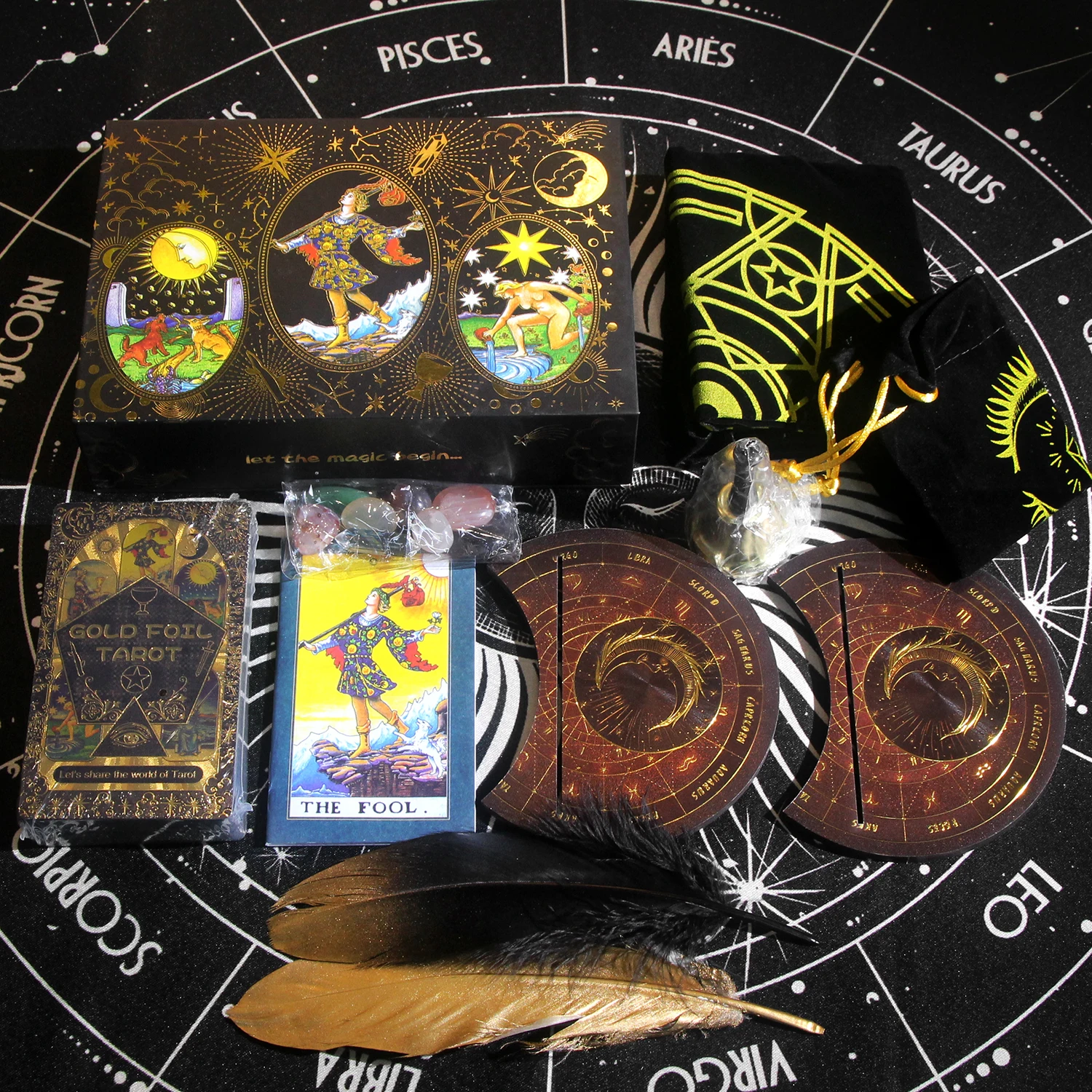 

2023 Hot Sale Tarot Sets with Unique Stone Bell Feather Card Holder High Quality Gold Foil PVC Material Card Tarots Gift