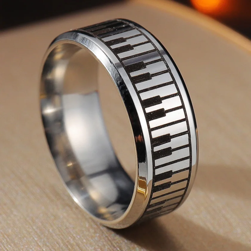 Fashion Men Women\'s Silver Color Piano Keyboard Wedding Band Ring for Music Lovers & Pianist Jewelry