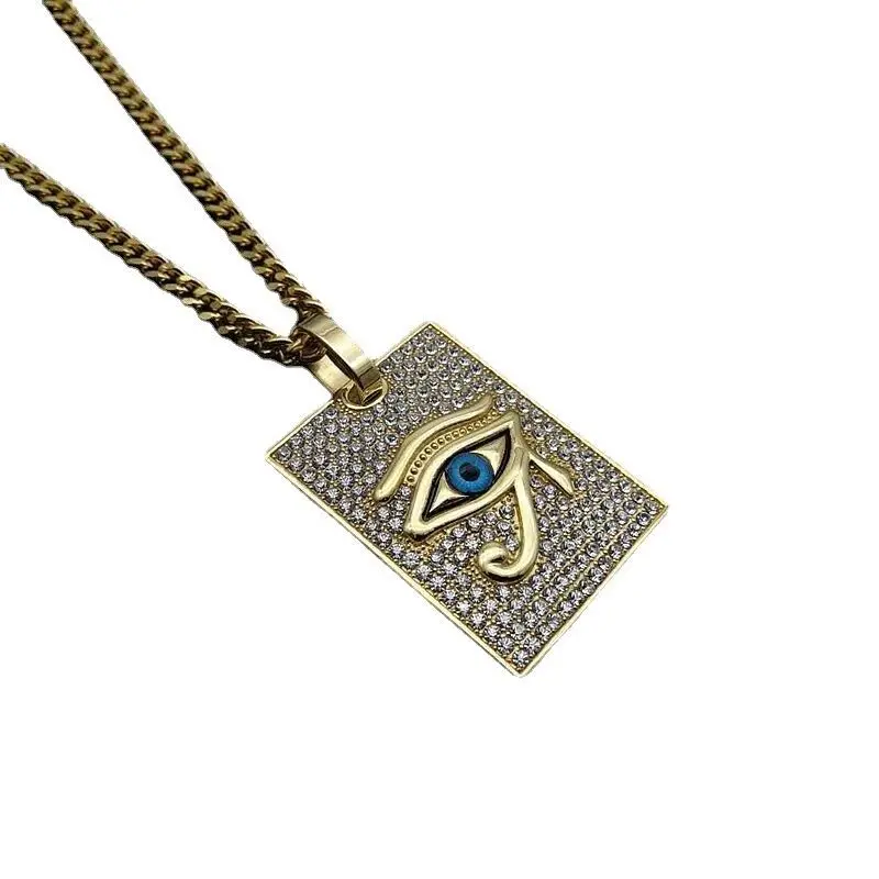 Illuminati Egyptian Golden CZ Eye of Horus Pendant Hiphop Cuban Chain Necklace