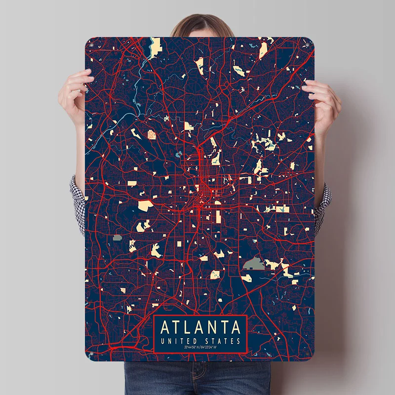 Affiche en tôle de la carte de la ville d'Atlanta, États-Unis, motif espoir, Art mural personnalisé, Plaques métalliques vintage, Plaque en tôle rétro pour la décoration intérieure moderne de luxe