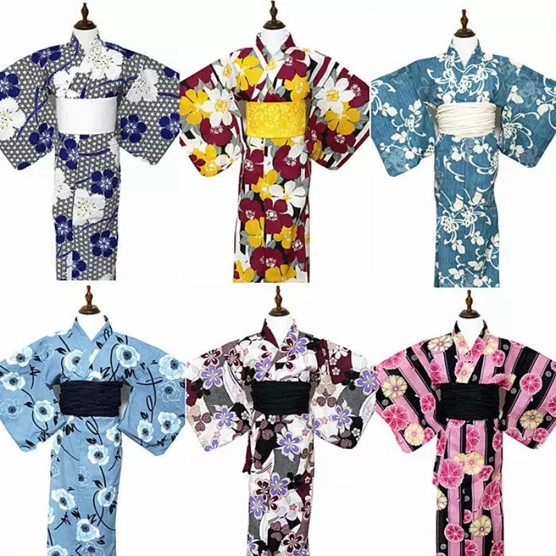 Kimono Women's Summer Yukata Cotton Retro Formal Long Dress Travel Photography Wear Cosplay Costume 4pcs Set