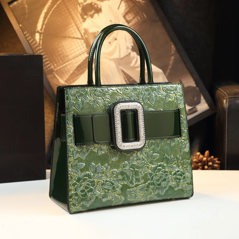 

Luxury Fashion Genuine Leather Women's Bag 2023 New Diamonds Lady Flowers Handbags Mom Portable Shoulder Messenger Bags Green