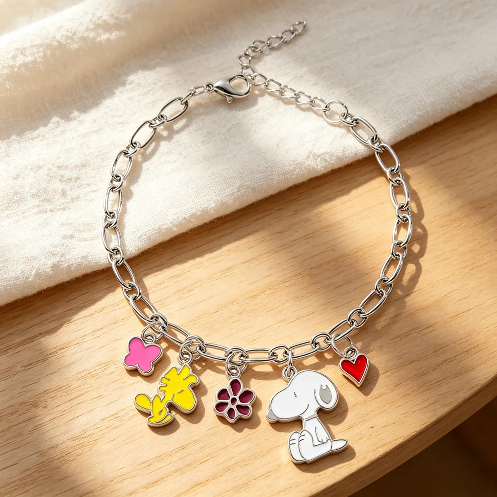 Cute Cartoon Puppy Charm Bracelet Enamel Pendants Chain Wrist Jewelry with Heart & Floral Charms for Girls