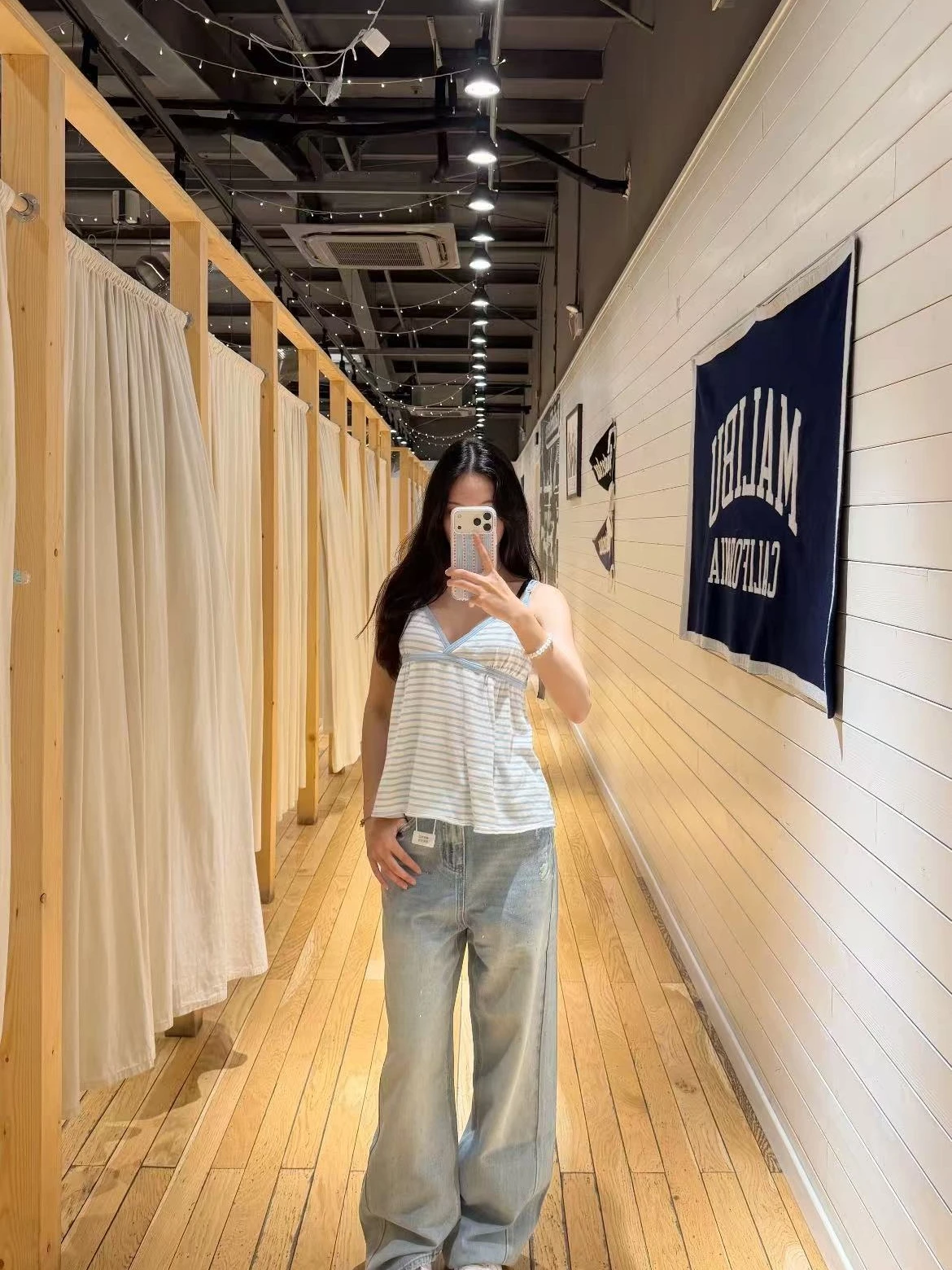 Blue White Stripe V Neck Spaghetti Strap Camisole Women Y2K Empire Waist Babydoll Loose Sleeveless Vintage Casual Tank Top