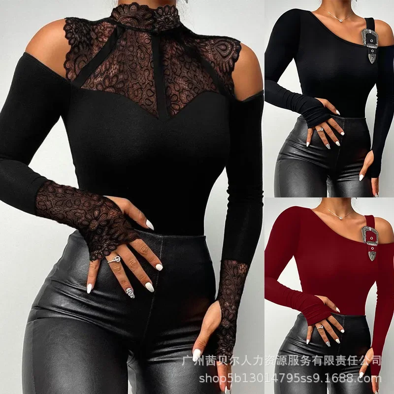 Temperament Hollow Spring And Summer Fashion Casual Bottom Street Long Sleeve Women's Lace Splicing Tights Bodysuit 2024 Top