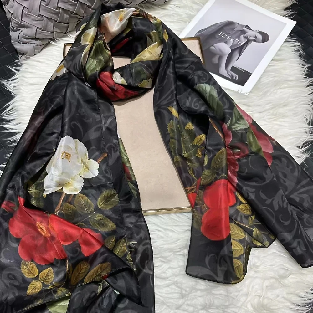 Red Black Mulberry Silk Silk Scarf Fashion Floral Design Silk Scarf Shawl Large Facecloth Apparel Accessories Women Long Scarf