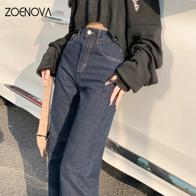 ZOENOVA-Jean taille haute pour femme, pantalon droit, simple et doux, jambes larges, style rétro, version coréenne, printemps 2024