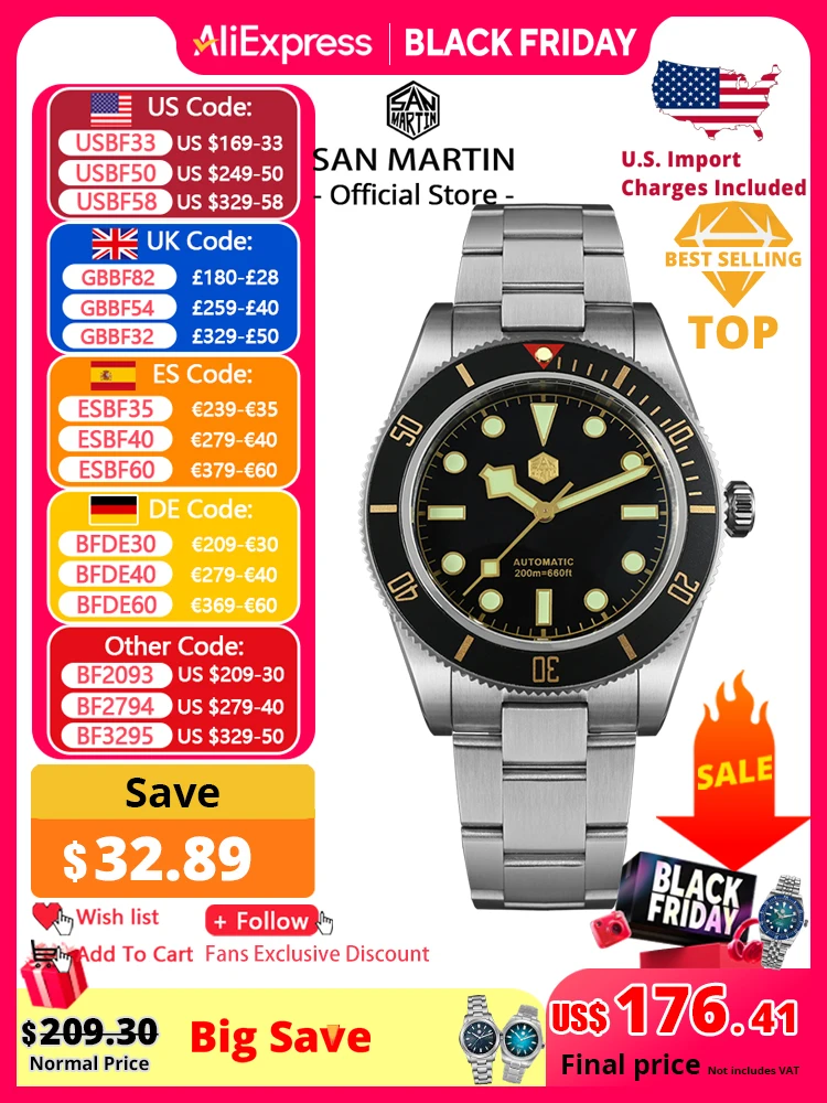

San Martin Новые 40 мм BB58 Ретро Роскошные Дайверские Часы NH35 Автоматические Механические Часы Для Мужчин Сапфировые Светящиеся 20 Бар Reloj SN0008