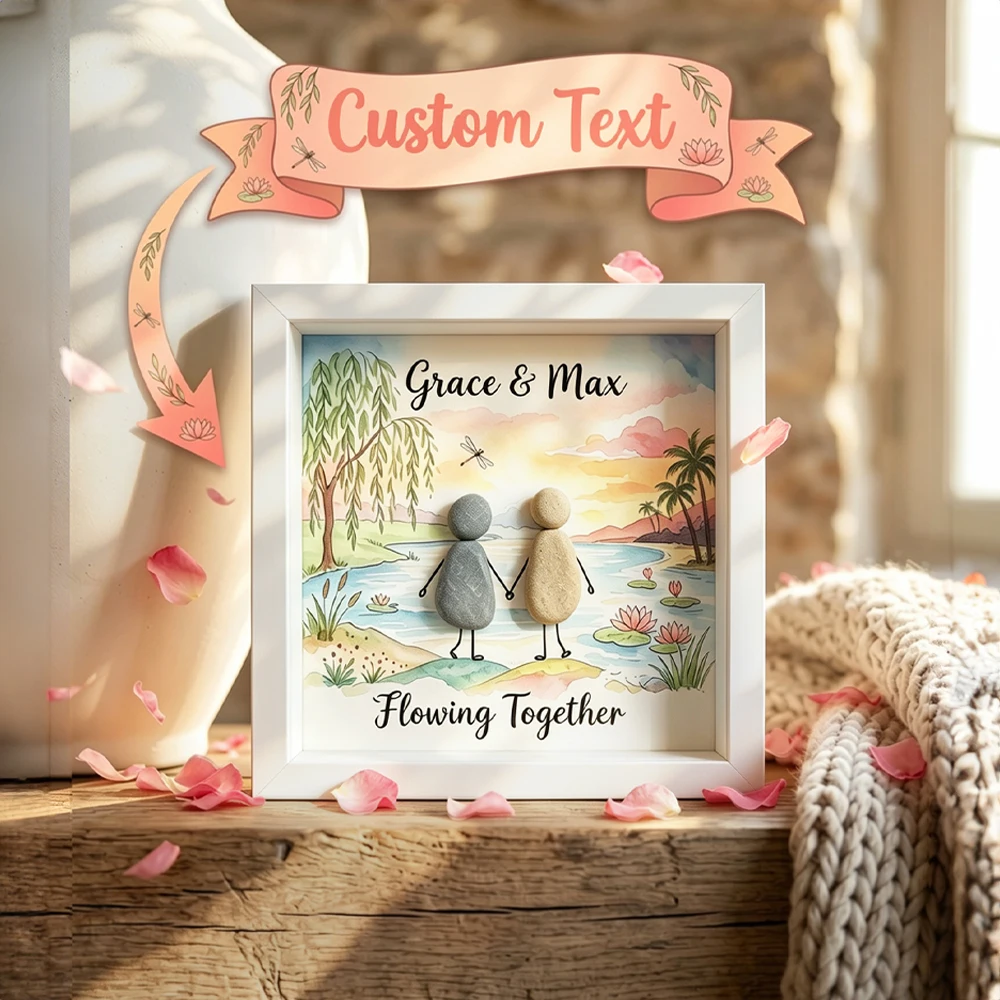 Custom Couple Pebble Art Frame,Personalized Names & Text,Pond Lotus Waterside‑theme,Anniversary Celebration,Shelf Home Accent